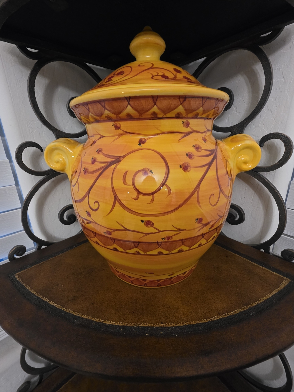 Pier 1 Yellow and Red-Brown Hand-Painted Ceramic Lidded Urn